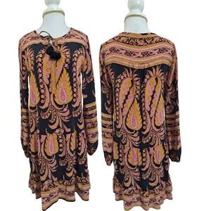 Calypso St. Barth Paisley Pink Long Sleeve Tunic Mini Resort Travel Dress Sz XS